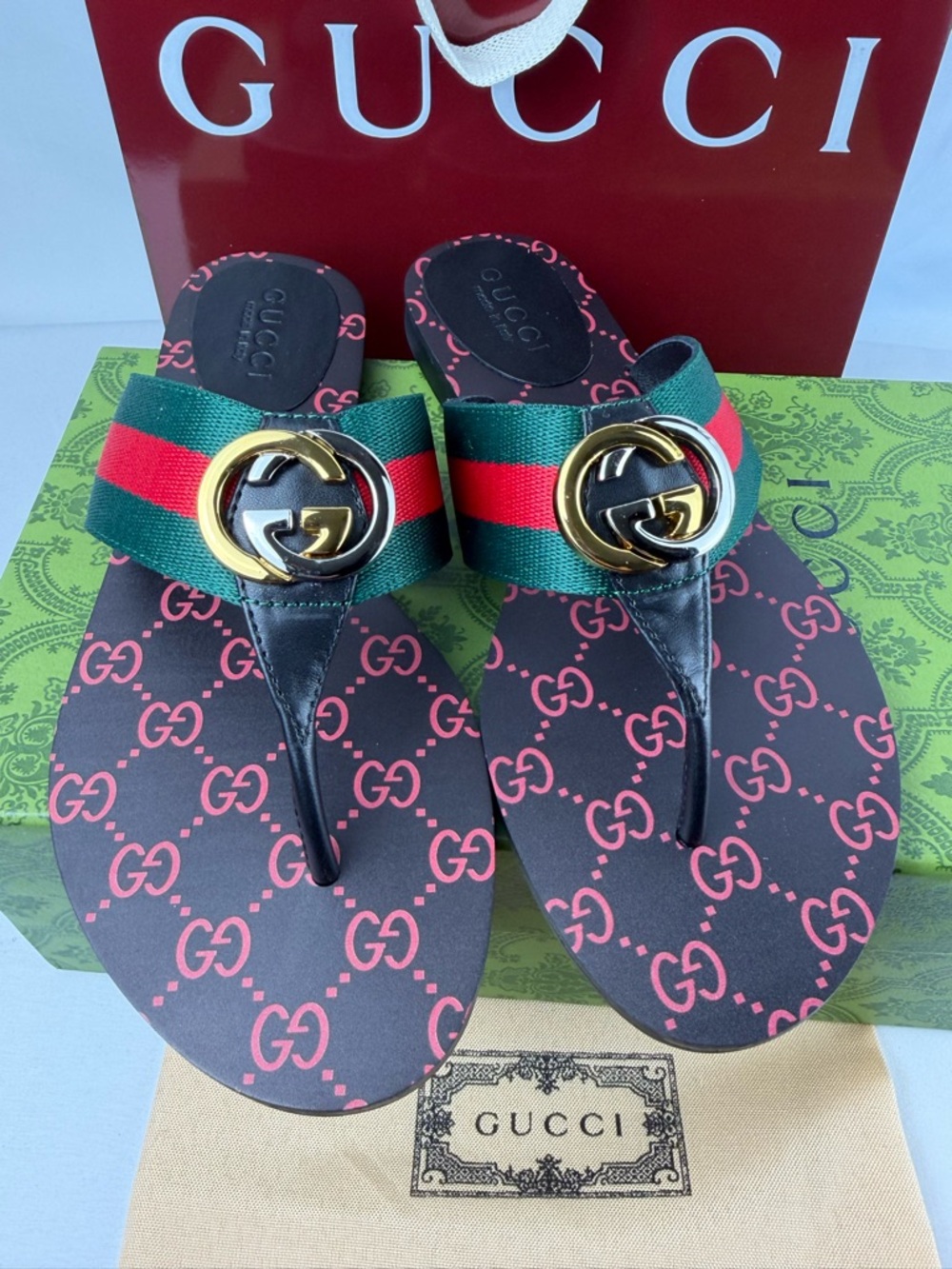 Gucci Black Red Green GG Monogram Thong Sandals with Gold Double G